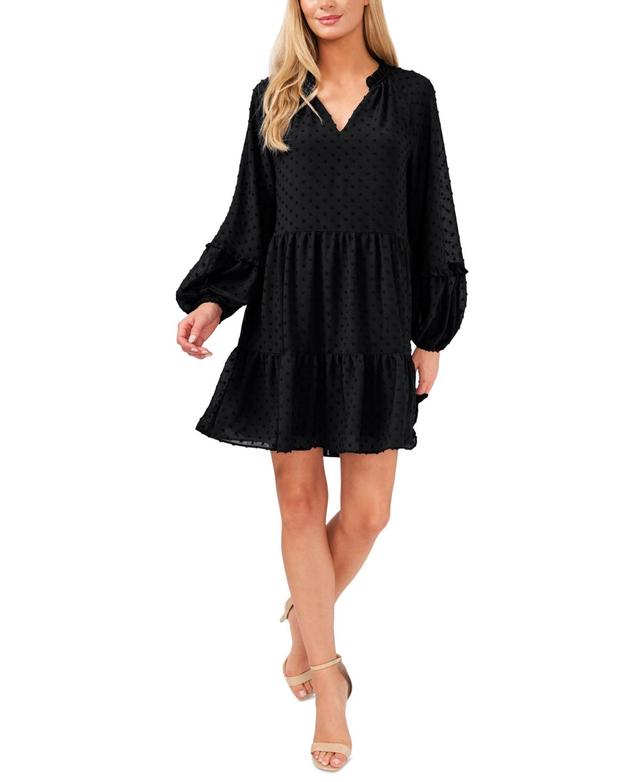 CeCe Womens Long Sleeve V-Neck Ruffled Clip-Dot Dress Product Image