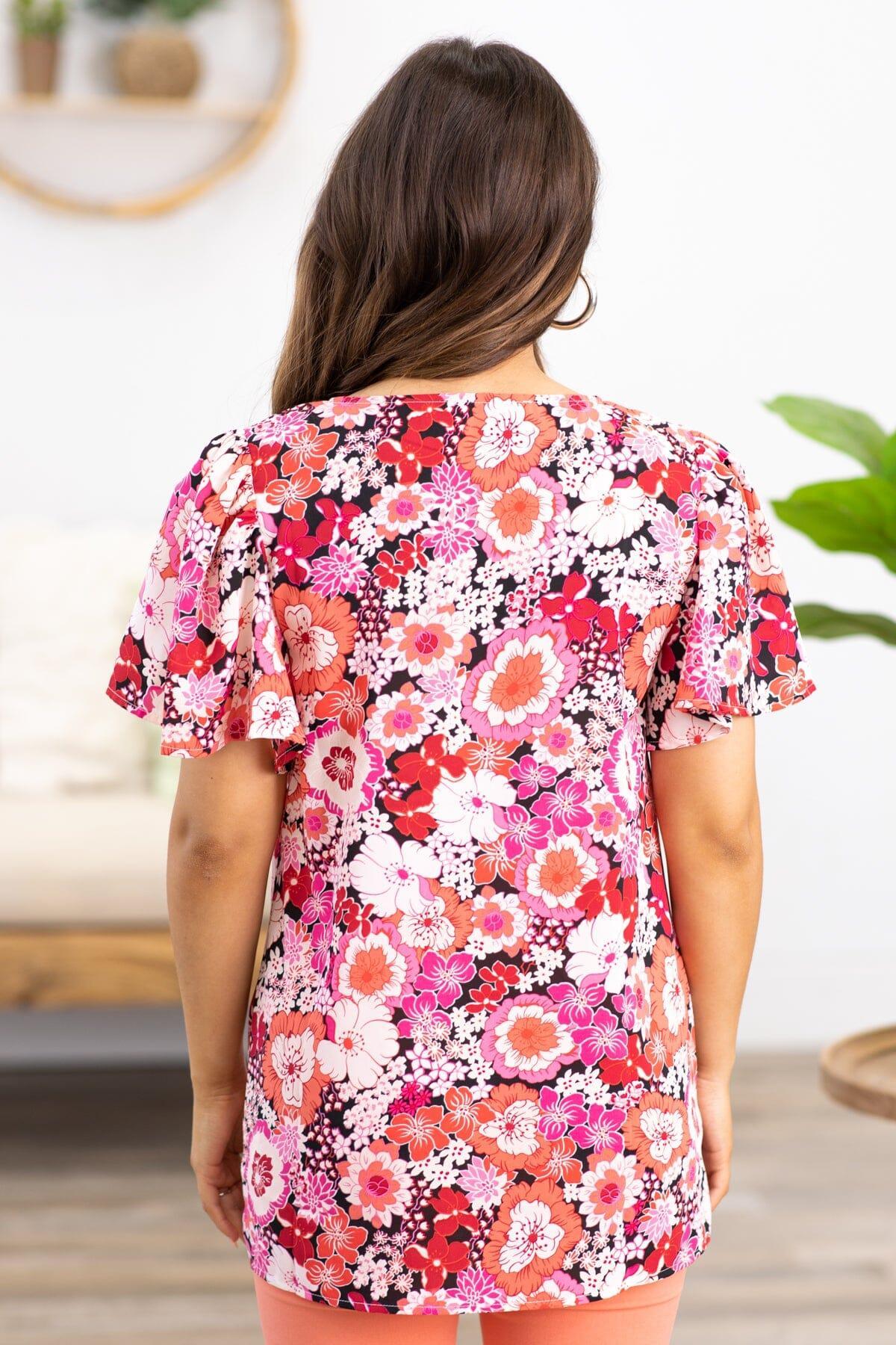 Pink and Coral Floral Print Contrast Trim Top Product Image