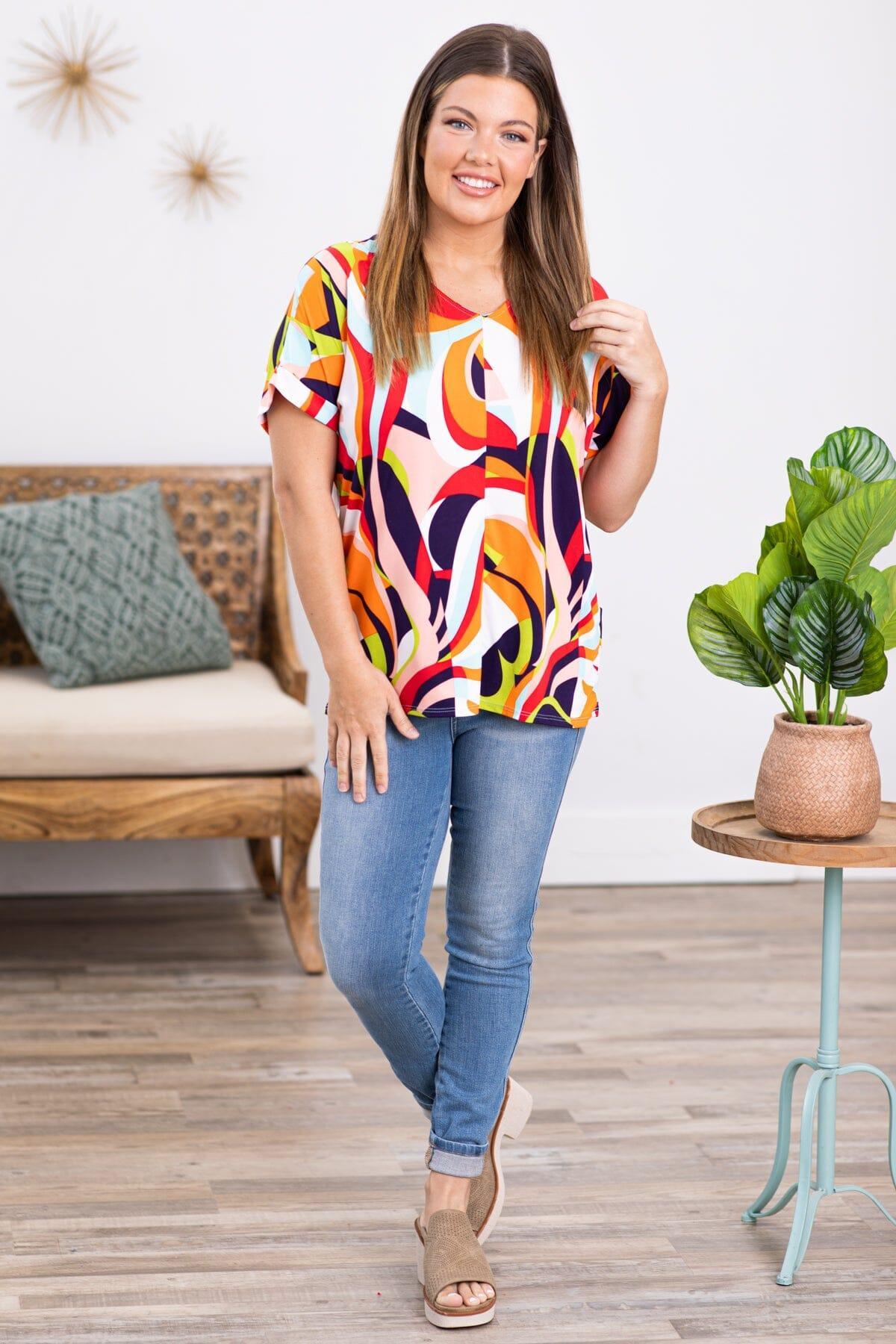 Orange and Pink Multicolor Abstract Print Top Product Image