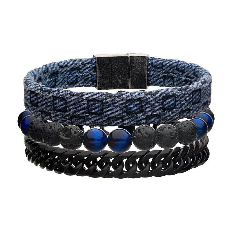 Mens Stainless Steel Blue Triple Stackable Bracelet Set Two Tone Product Image