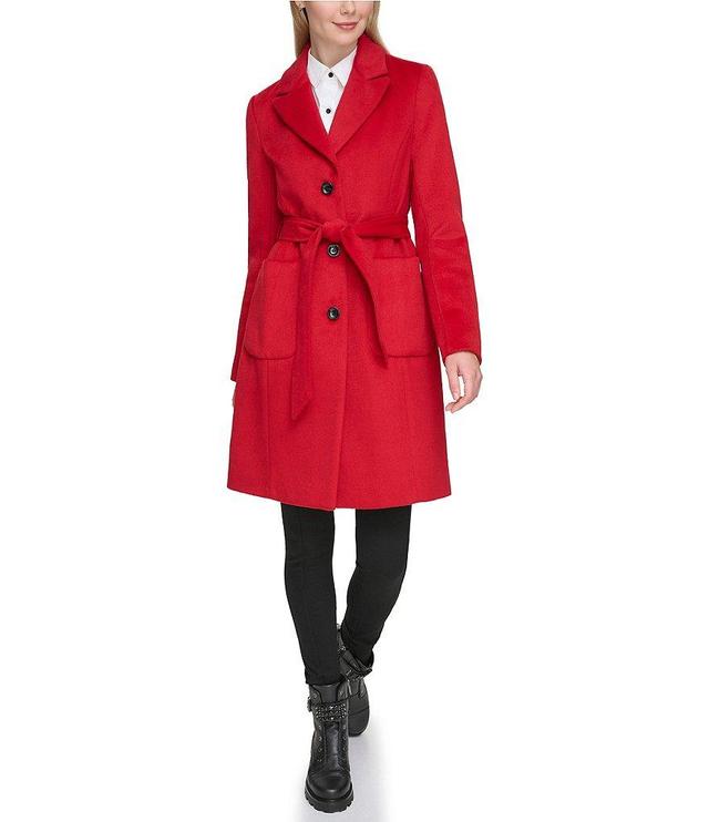 KARL LAGERFELD PARIS Wool Blend Single Breasted Notch Collar Belted Coat Product Image