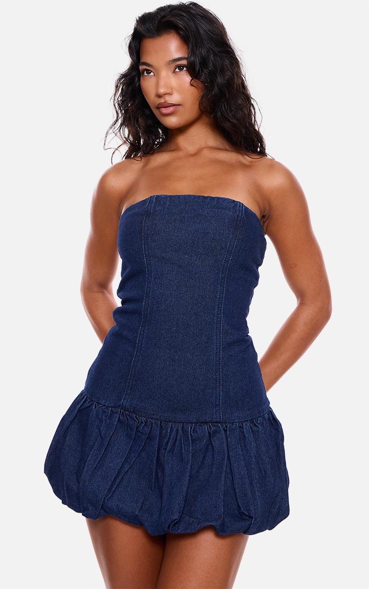 Indigo Denim Bandeau Puffball Mini Dress Product Image