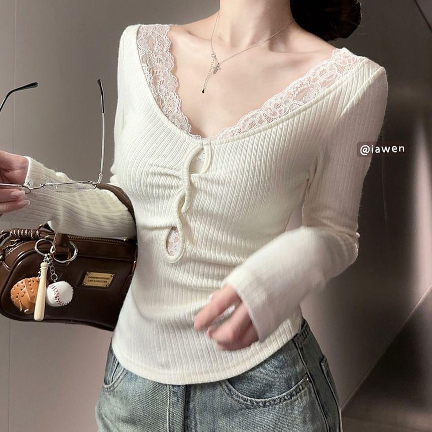 Long-Sleeve V-Neck Mock Two-Piece Plain Lace Panel Slim Fit Knit Top Product Image