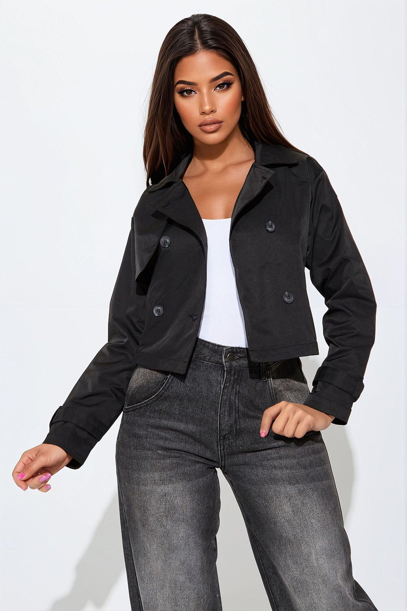 Delilah Cropped Cropped Trench Coat - Black Product Image