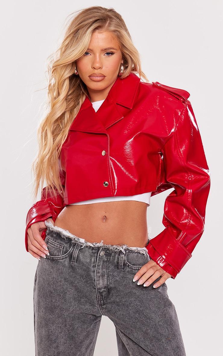 Bright Red Patent Faux Leather Cropped Trench Product Image