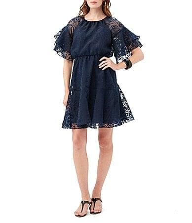 Trina Turk Ferry Sheer Burnout Round Neck Short Ruffle Sleeve Tiered Hem Blouson Dress Product Image