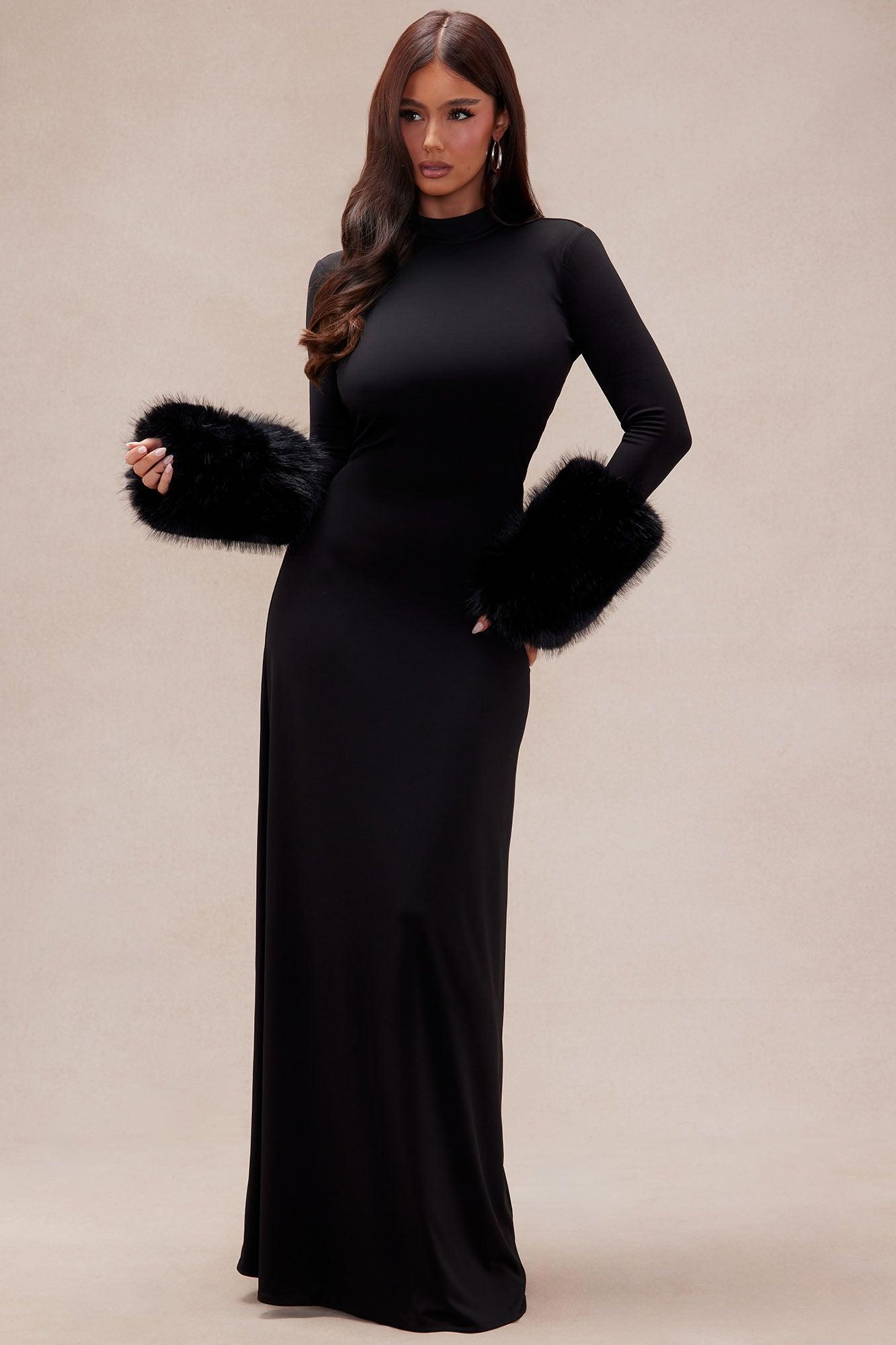 Amber Fur Cuff Backless Maxi Dress - Black product image