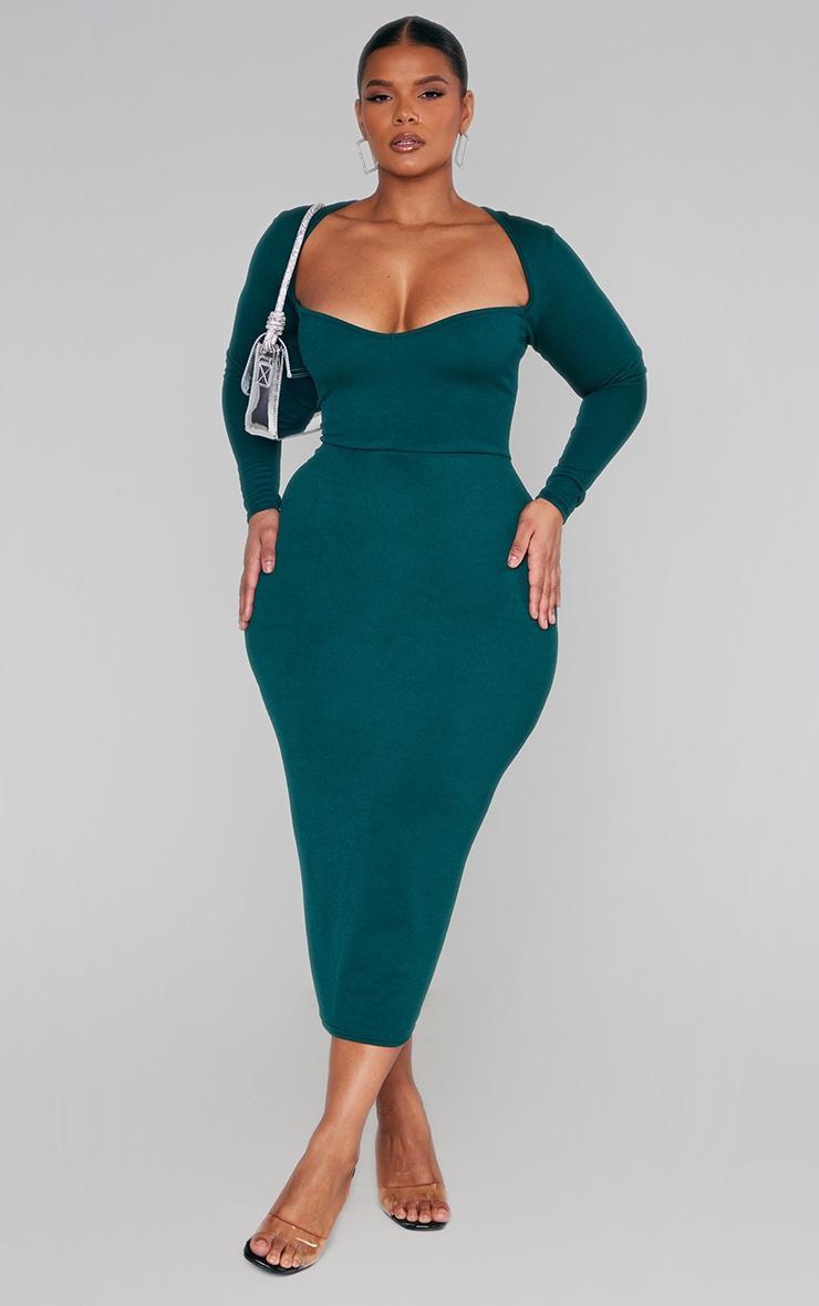 Plus Emerald Green Sweetheart Neck Long Sleeve Midi Dress Product Image