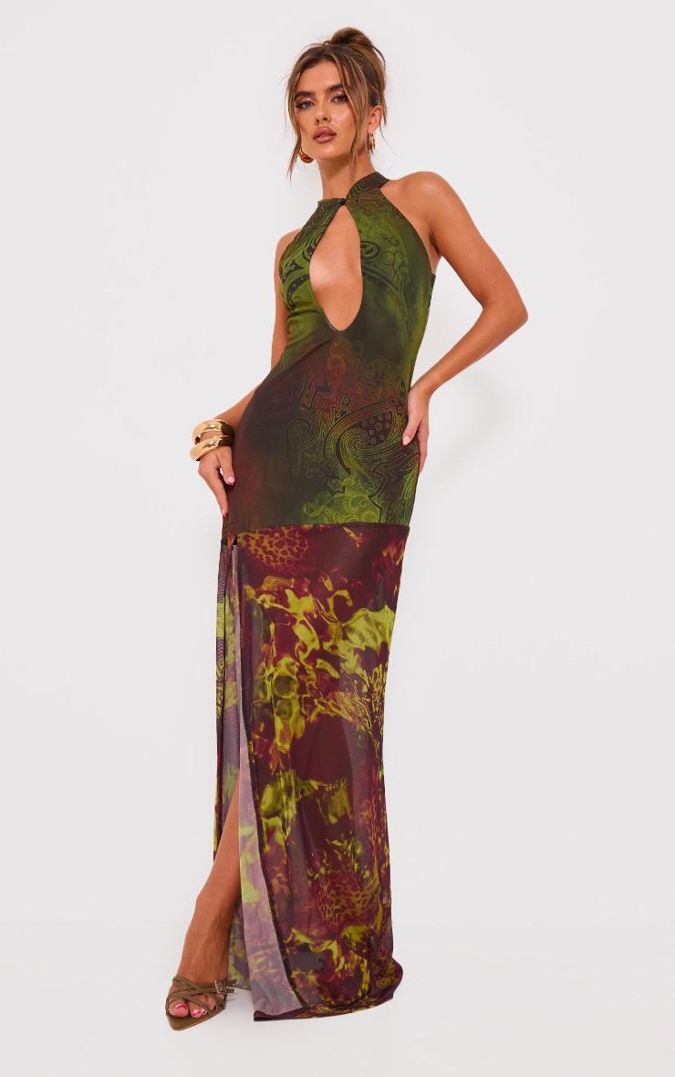 Green Print Mesh Extreme Cut Out Maxi Dress Product Image