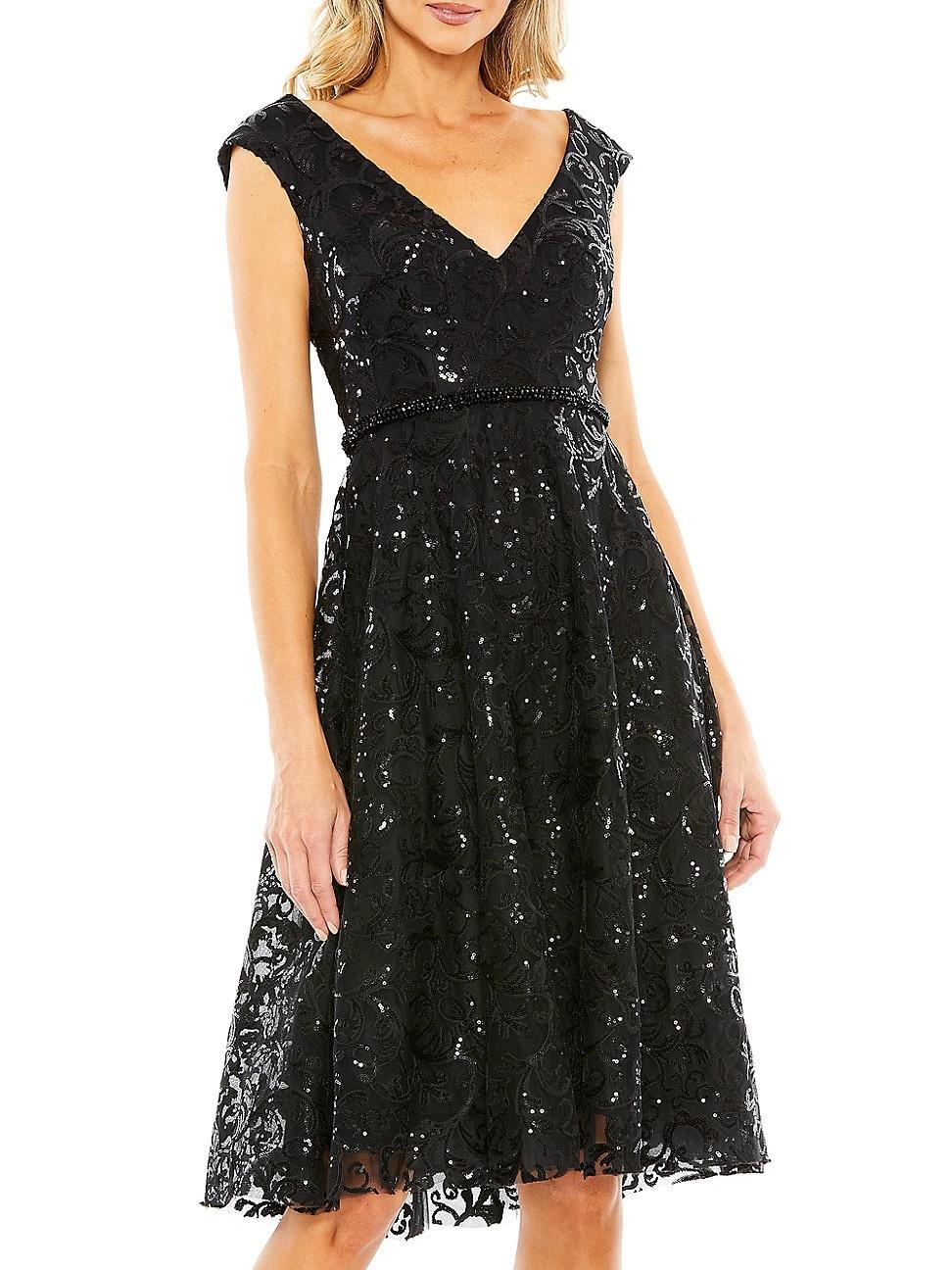 Womens Sequin V-Neck Cap-Sleeve Knee-Length Dress Product Image