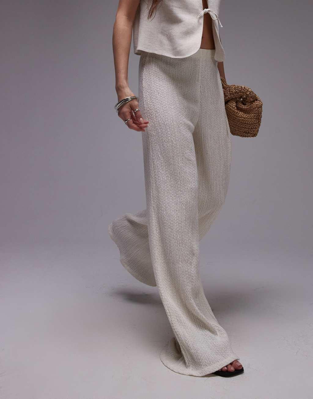 Topshop textured beachy wide leg pants in cream Product Image