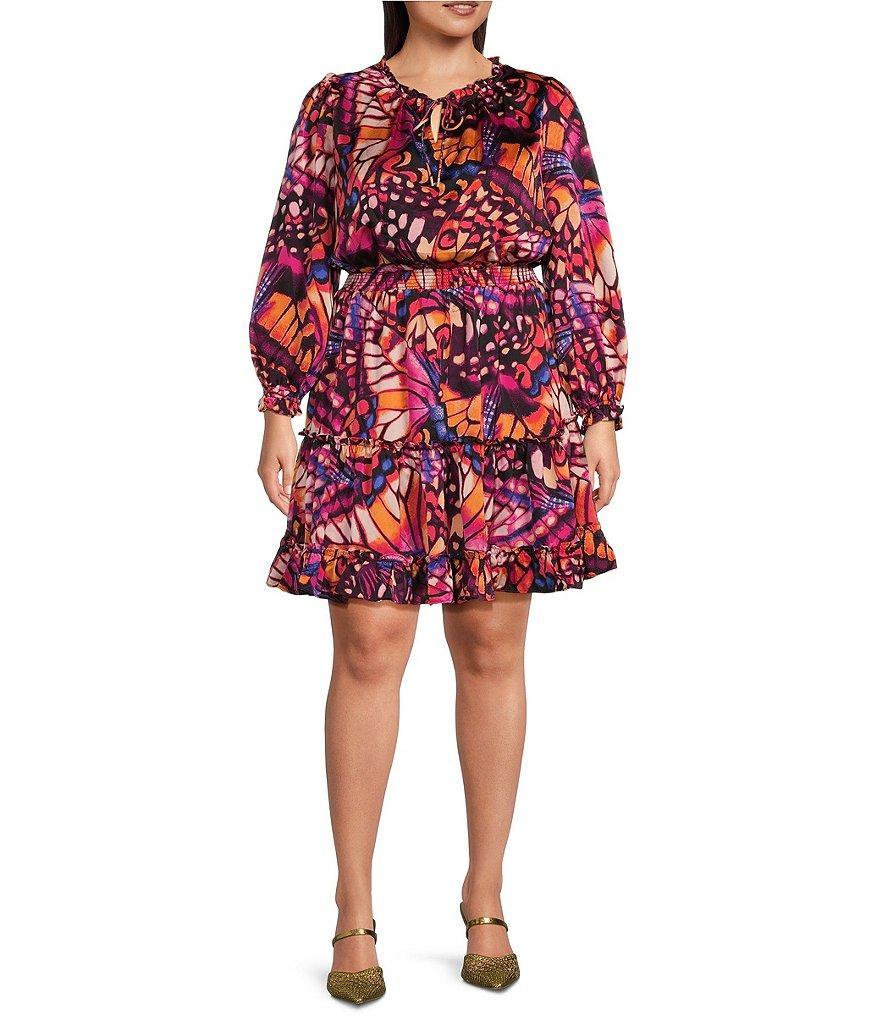 Skies Are Blue Plus Size Long Sleeve Butterfly Printed Mini Dress Product Image