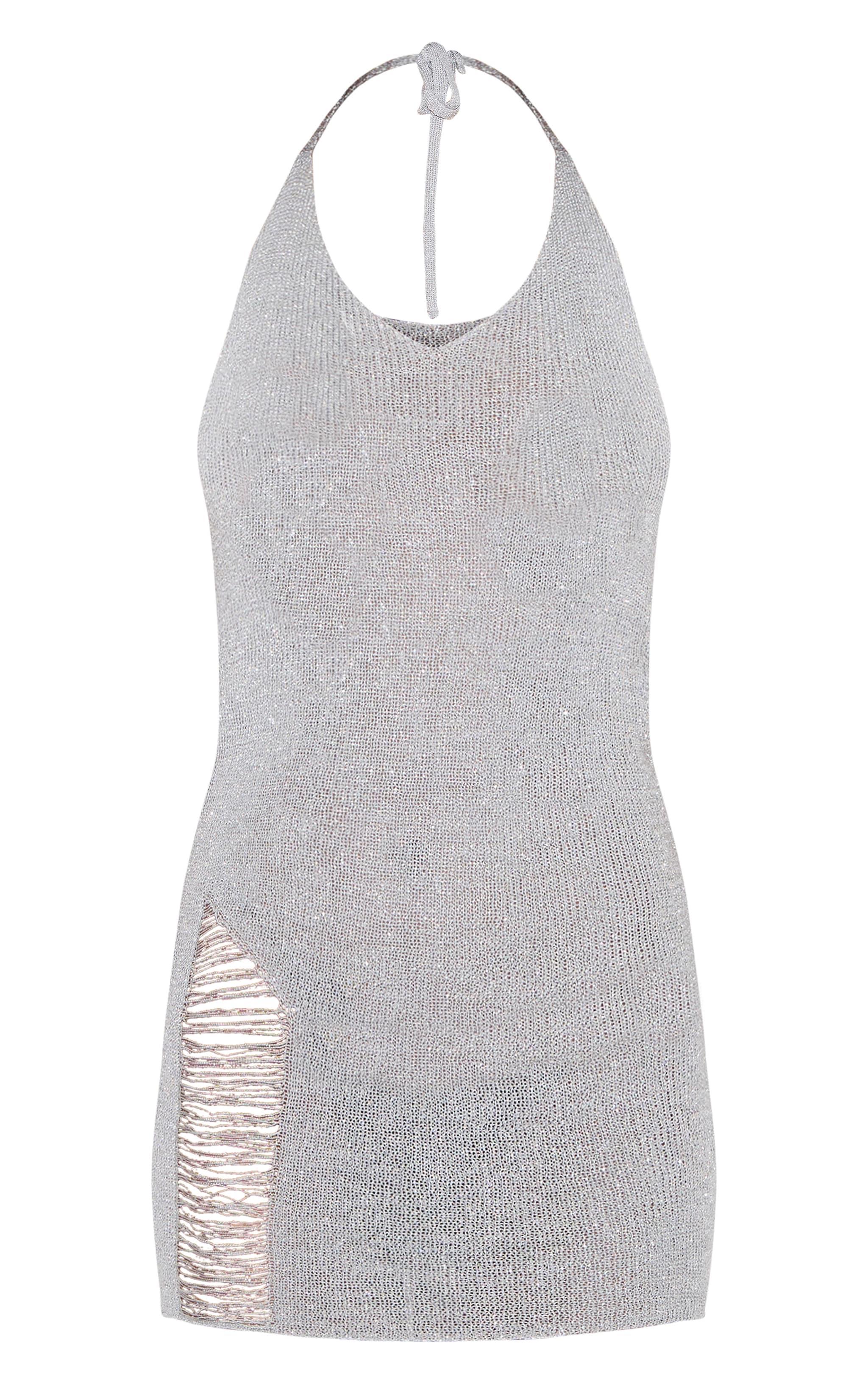  Silver Glitter Knit Distressed Ladder Halterneck Mini Dress Product Image