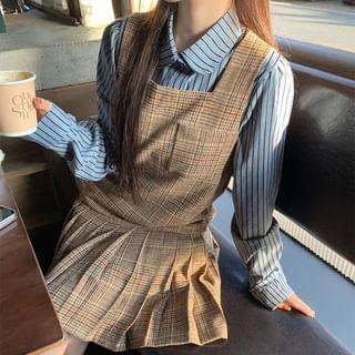 Long-Sleeve Striped Shirt / Sleeveless Plaid Pleated Dress Product Image