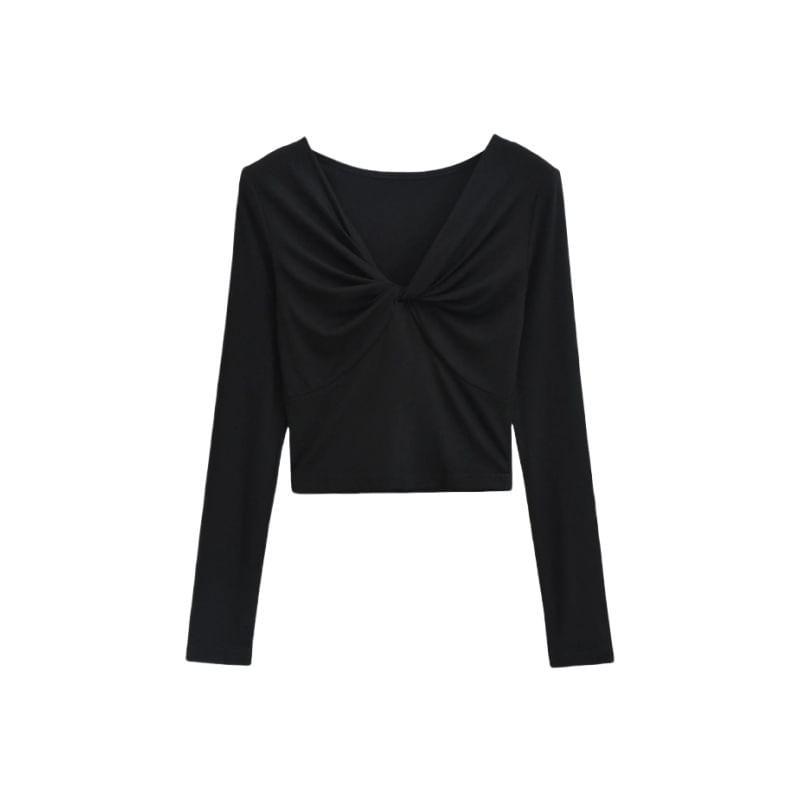 Long-Sleeve V-Neck Plain Twisted Slim Fit Crop Tee Product Image