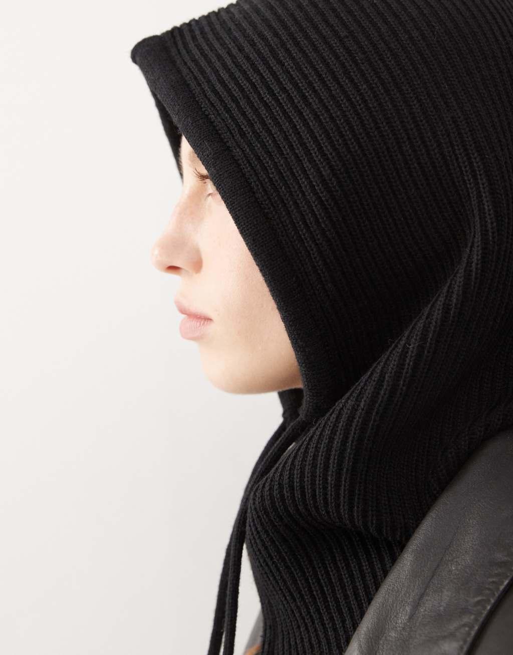 Monki knit hooded balaclava in black Product Image