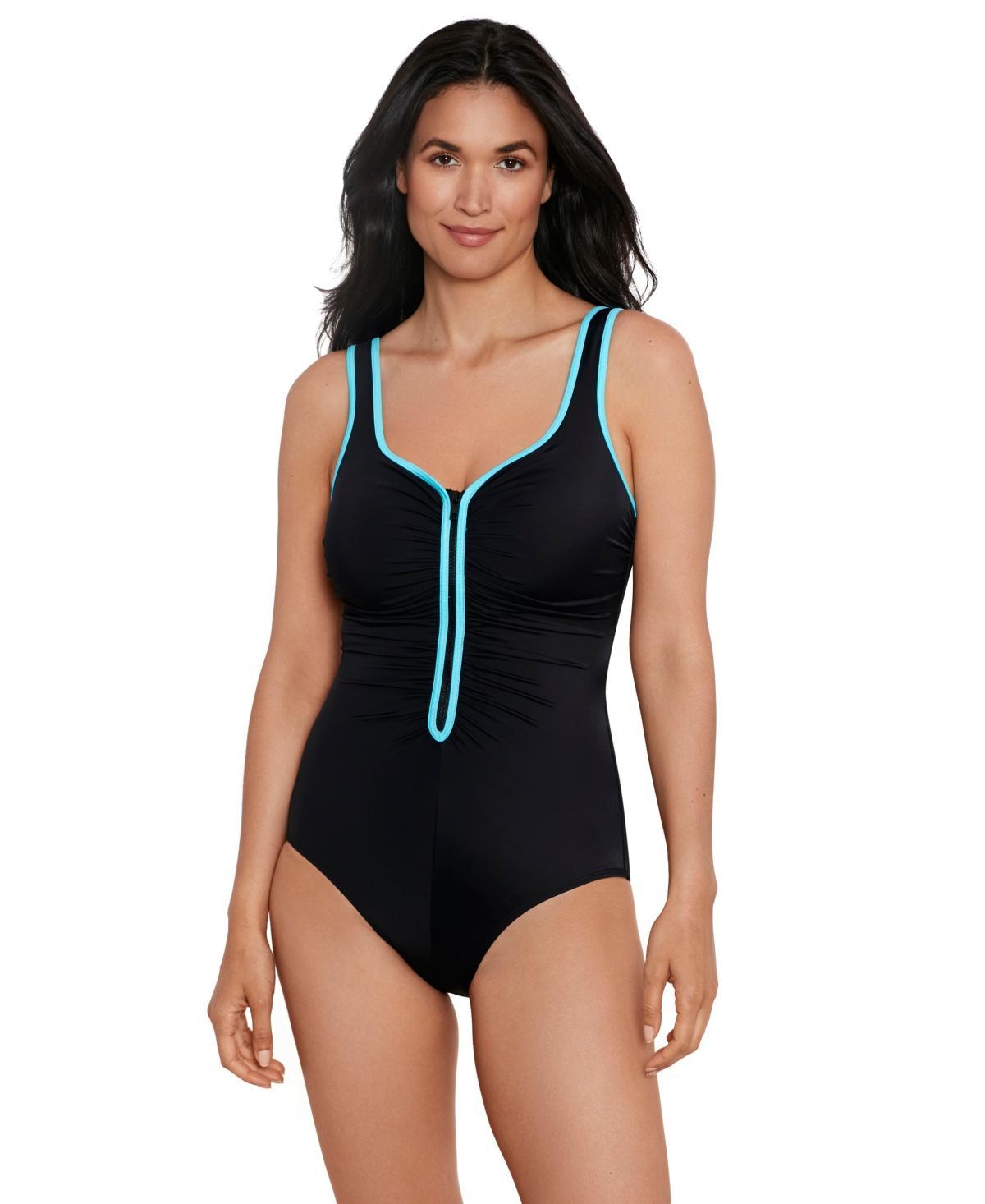 ShapeSolver by Penbrooke Womens ShapeSolver Sport Color Coated Shirred Zipper One Piece Swimsuit Product Image