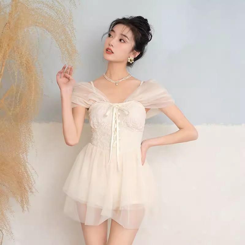 Cap Sleeve V-Neck Plain Lace Up Panel Mesh Swimdress Product Image