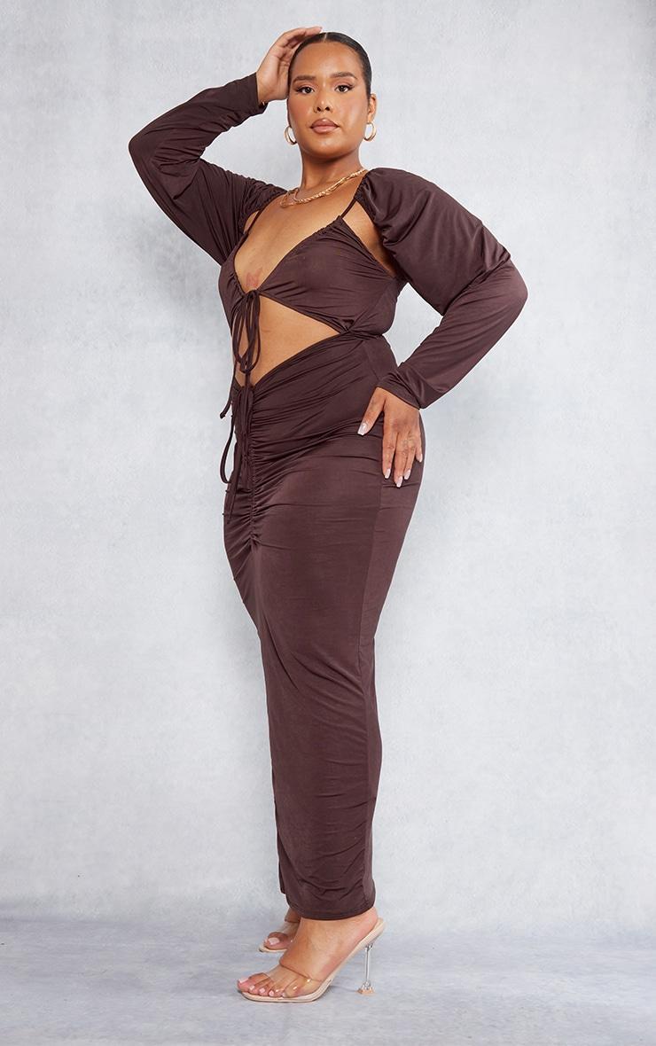 Plus Chocolate Slinky Cut Out Ruched Maxi Dress Product Image