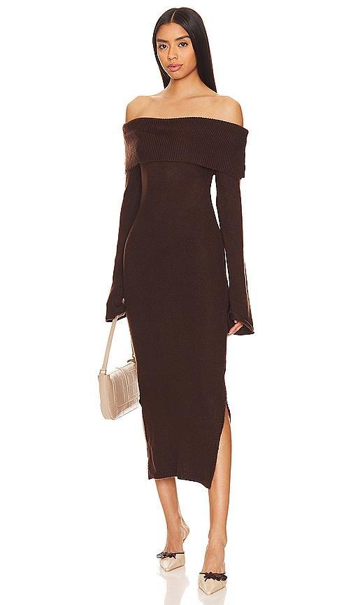 SNDYS Off Shoulder Sweater Dress in Chocolate. Size XS. Product Image