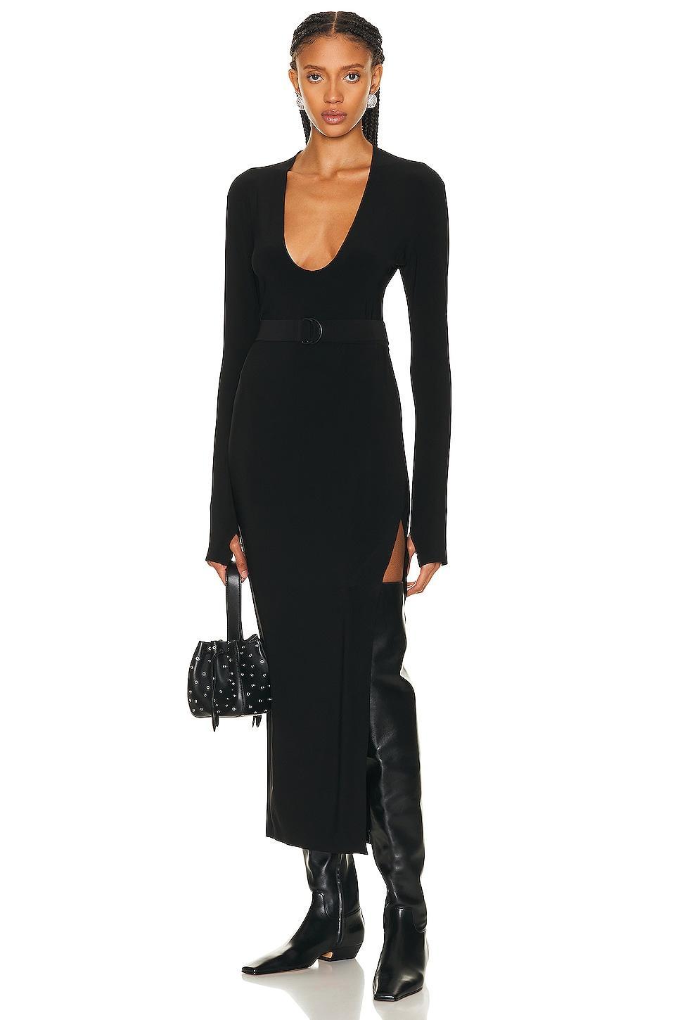 Norma Kamali Long Sleeve Deep U Neck Side Slit Gown Size M, S, XL, XXS. Product Image