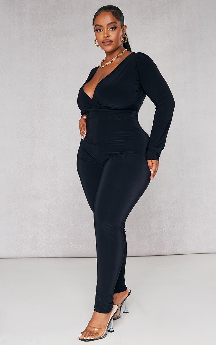 Plus Black Wrap Front Long Sleeve Catsuit Product Image