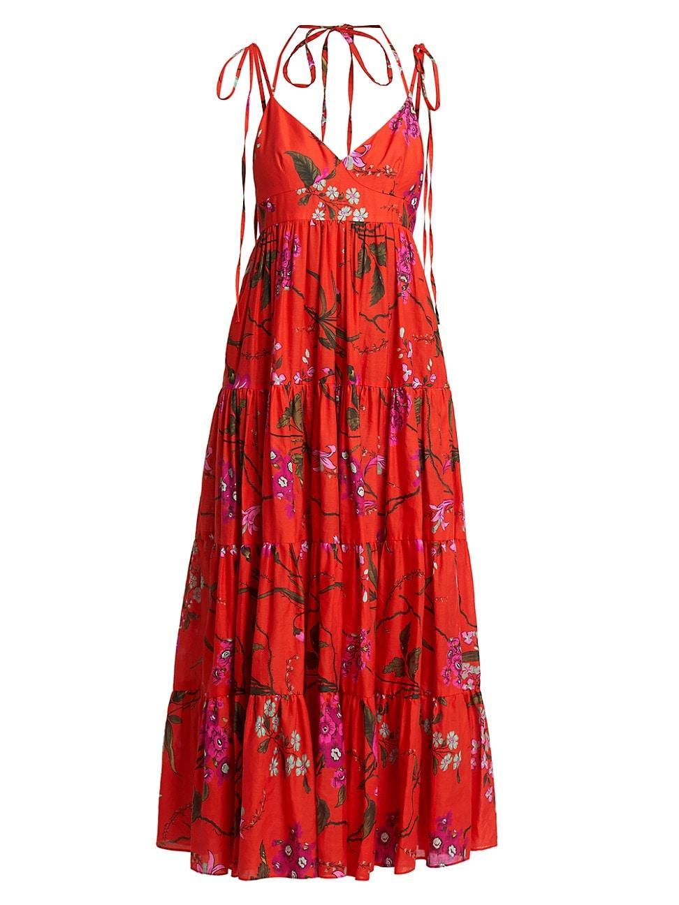 Womens Cotton-Linen Floral Tiered Maxi Dress Product Image