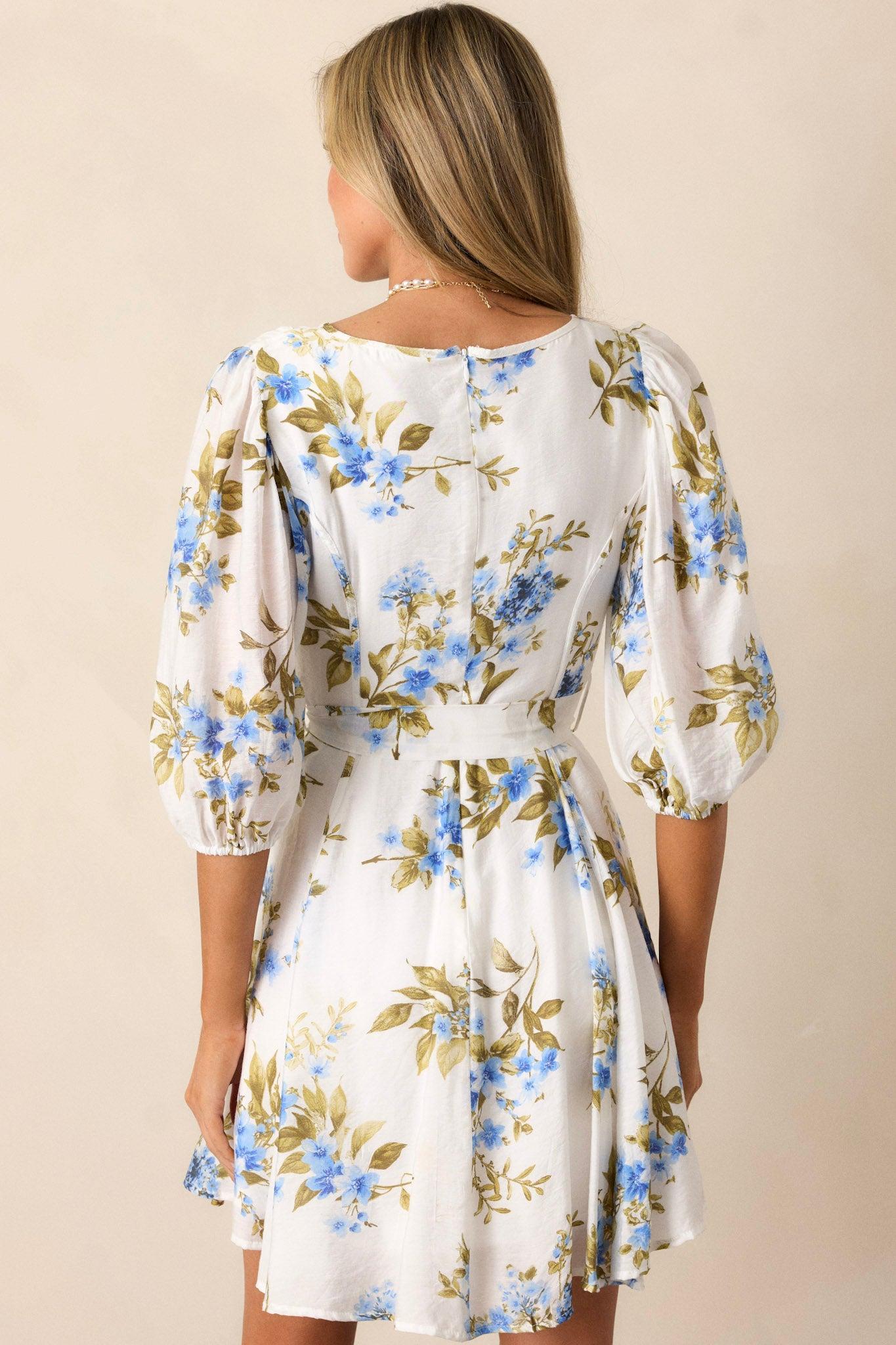 Cobalt Cosmos Blue Floral Quarter Sleeve Mini Dress Product Image