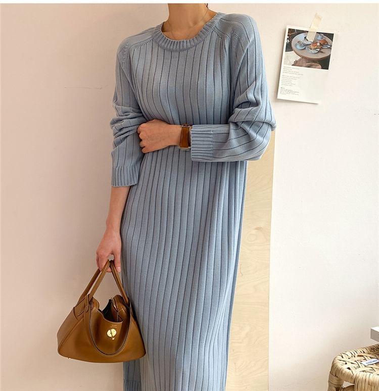 Long Sleeve Crew Neck Plain Ribbed Knit Bodycon Midi Sweater Dress Product Image