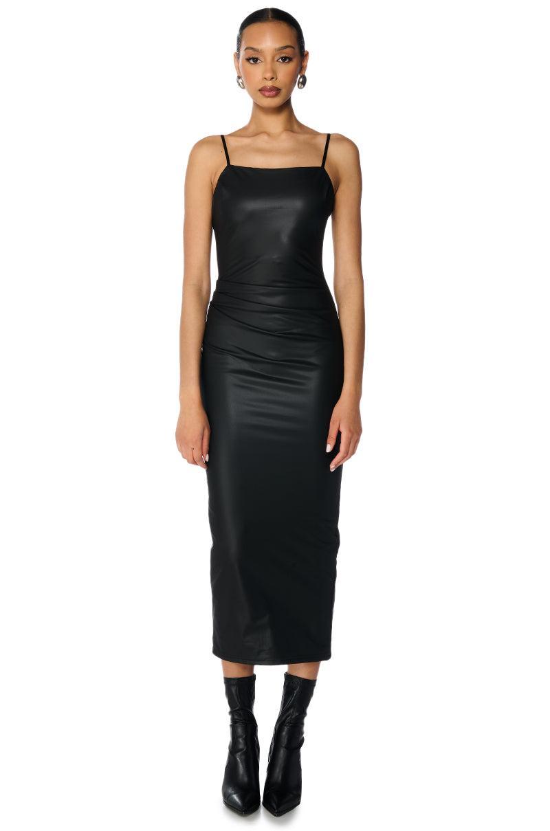 UP TO NO GOOD SLEEVELESS FAUX LEATHER MIDI DRESS WITH FOUR WAY STRETCH IN BLACK Product Image