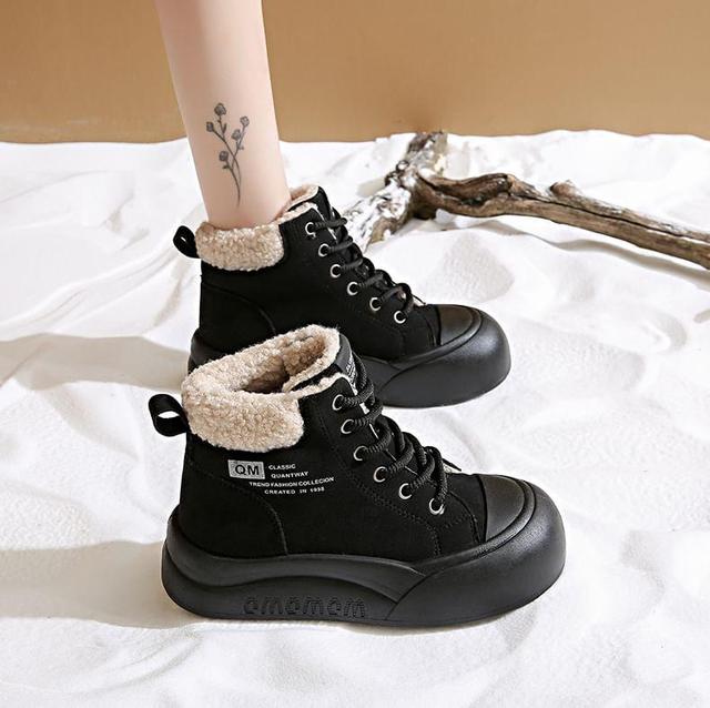 Platform Fleece-Lined Lace Up Short Boots Product Image