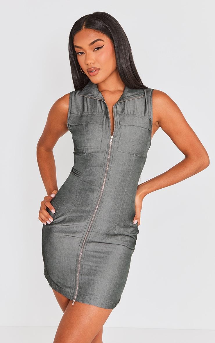 Charcoal Grey Textured Pocket Zip Up Bodycon Dress Product Image