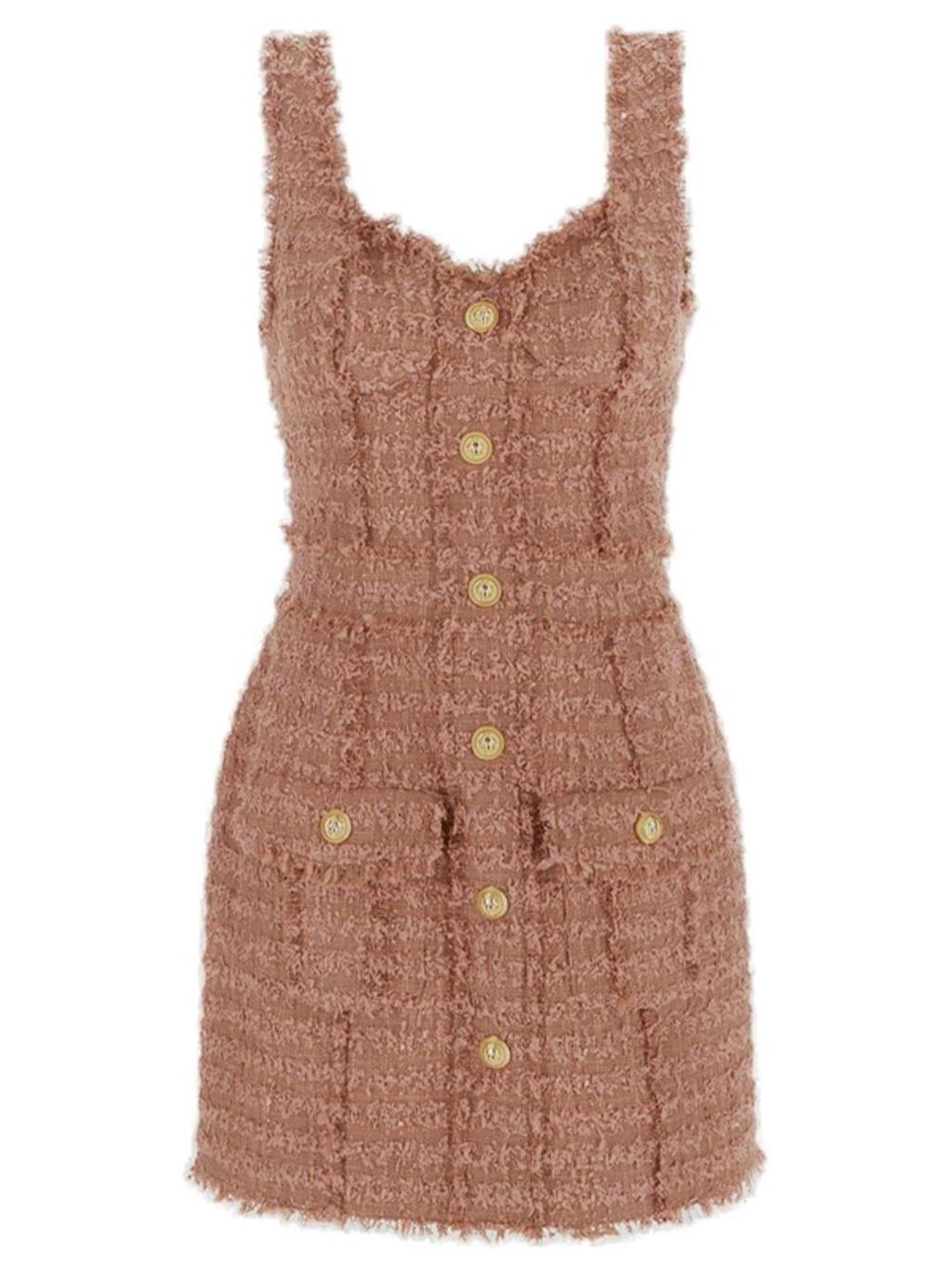 BALMAIN Button-embossed Strapped Tweed Short Dress In Pink Product Image