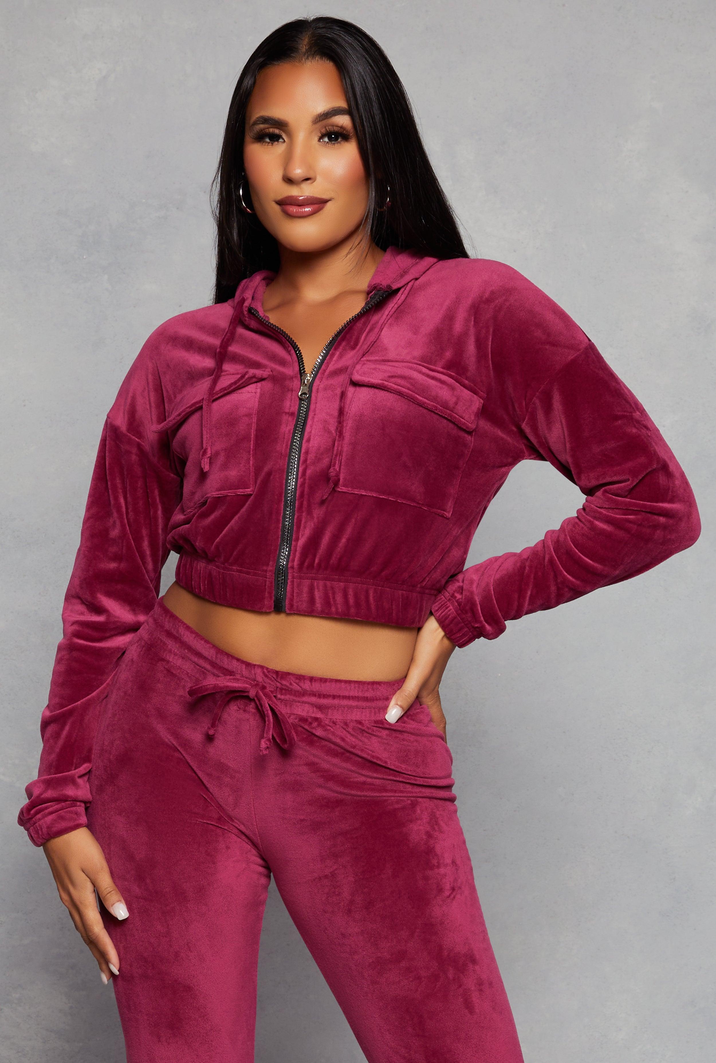 Womens Velour Flap Pocket Zip Front Cropped Hoodie Product Image