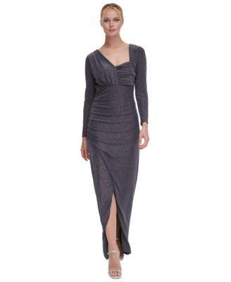 Dkny Womens Shimmer Asymmetric-Neck Side-Ruched Gown - Navy Product Image