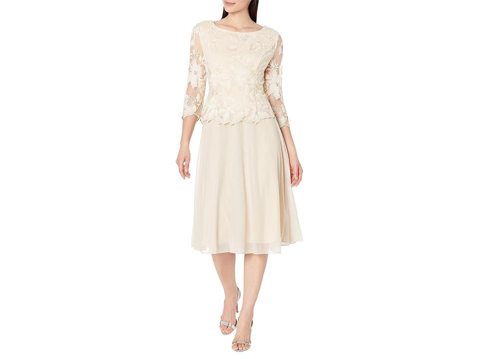 Alex Evenings Tea Length Embroidered Dress with Illusion Sleeve and Scallop Detail Full Skirt Women's Evening Product Image