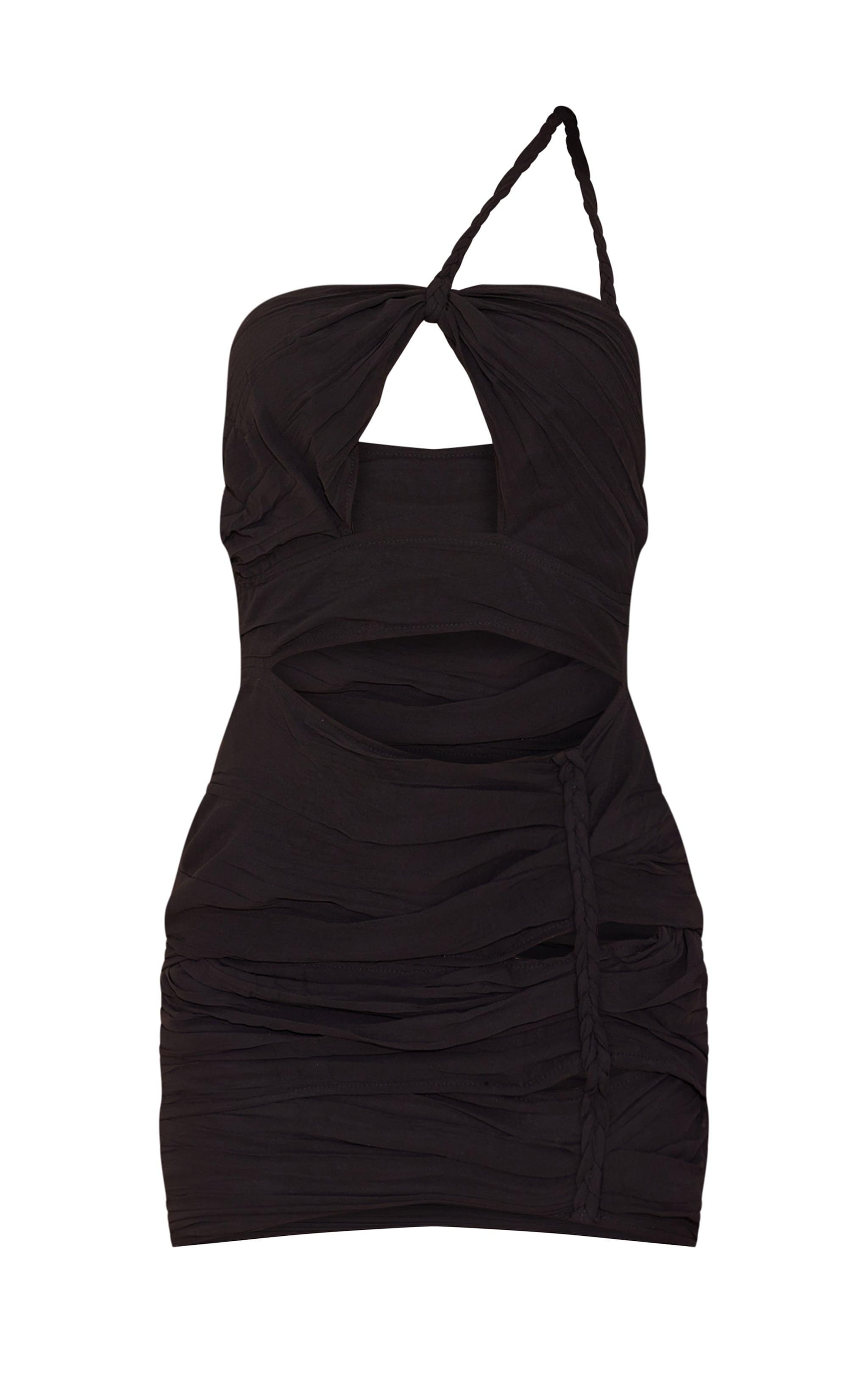 Black Chiffon Cut Out Plait Detail One Shoulder Bodycon Dress Product Image