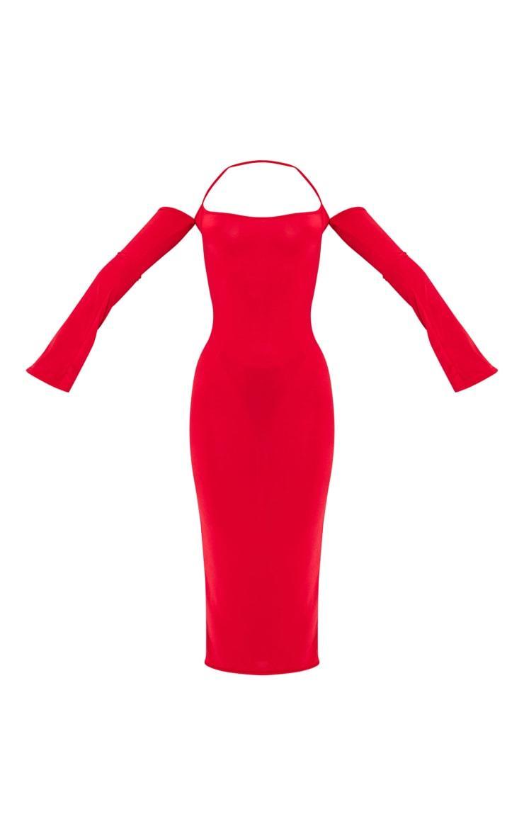 Red Slinky Bardot Tie Neck Midi Dress Product Image