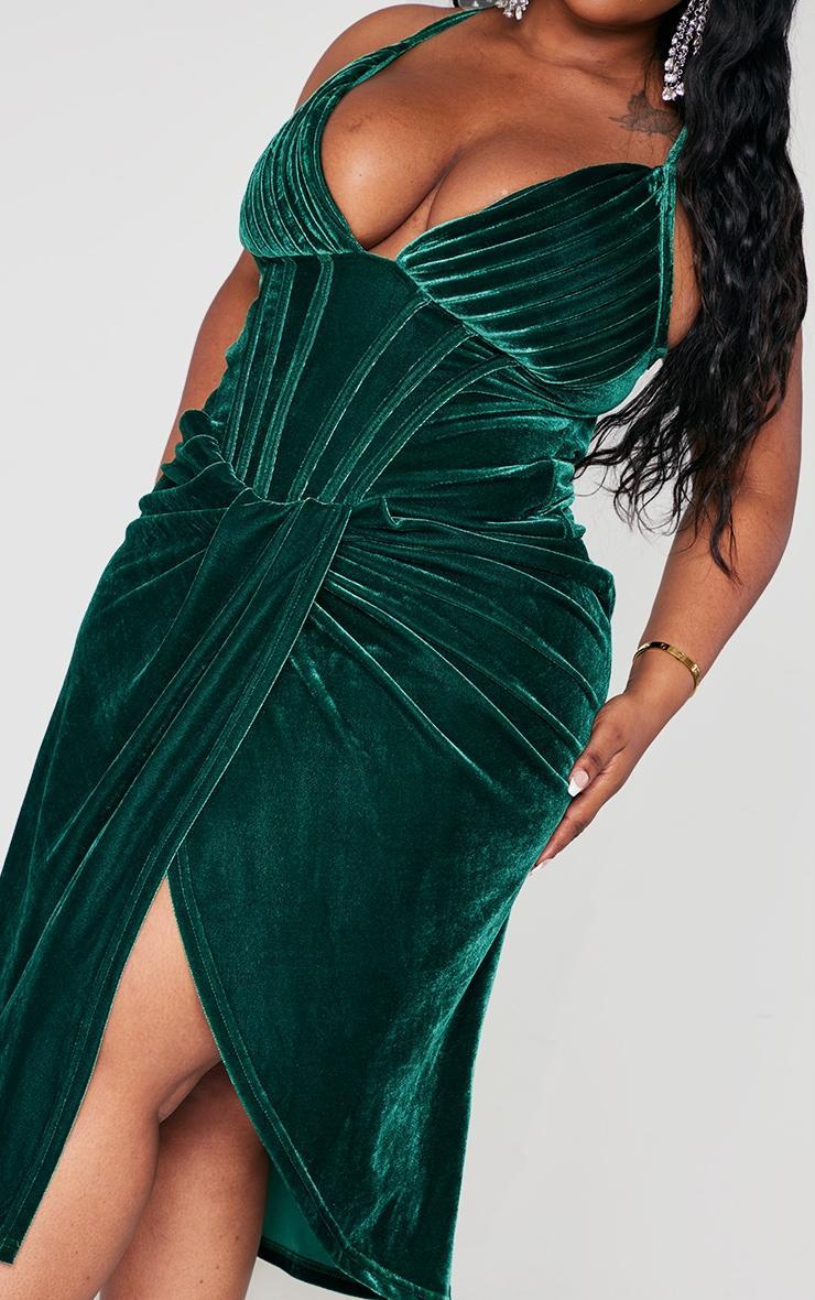 Plus Emerald Green Velvet Plunge Corset Bodycon Dress Product Image