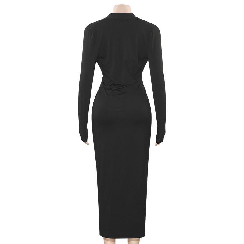 Long-Sleeve V-Neck Plain Knotted Midi Bodycon Dress Product Image