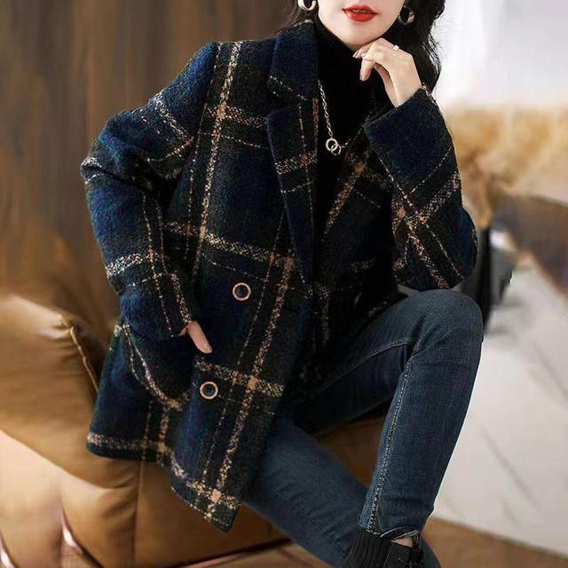 Notch Lapel Plaid Double-Breasted Coat Product Image