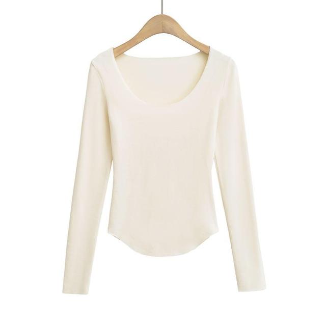 Long-Sleeve Scoop Neck Plain Asymmetrical T-Shirt Product Image