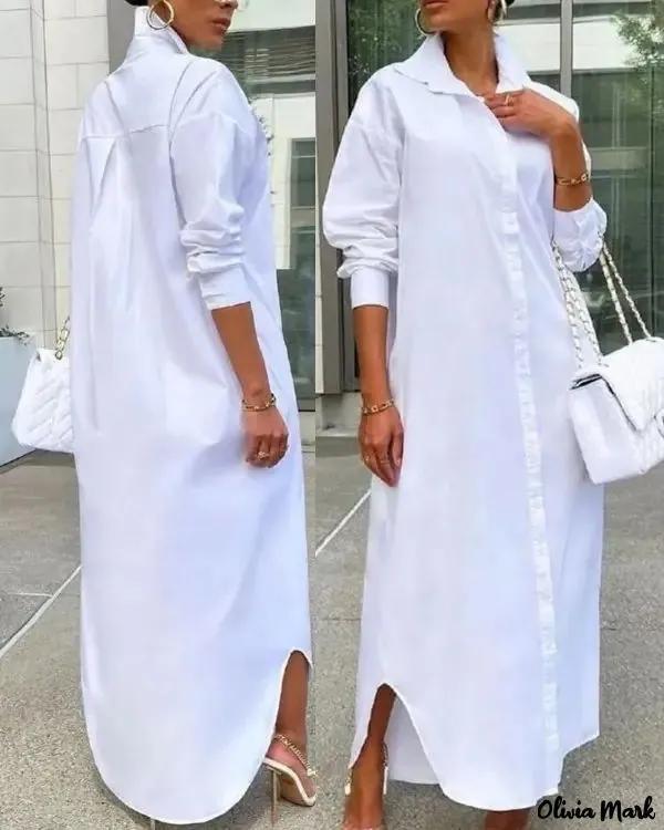 Olivia Mark – Long Sleeve Button Down Slit Shirt Dress Product Image