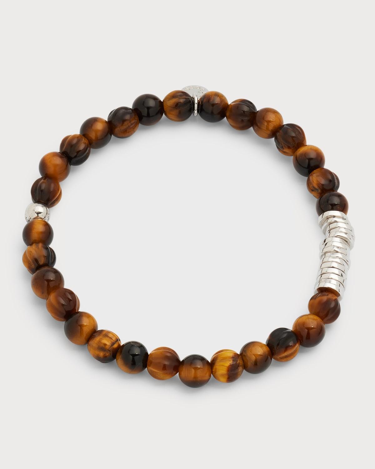 Mens Sterling Silver & Tigers Eye Beaded Bracelet Product Image