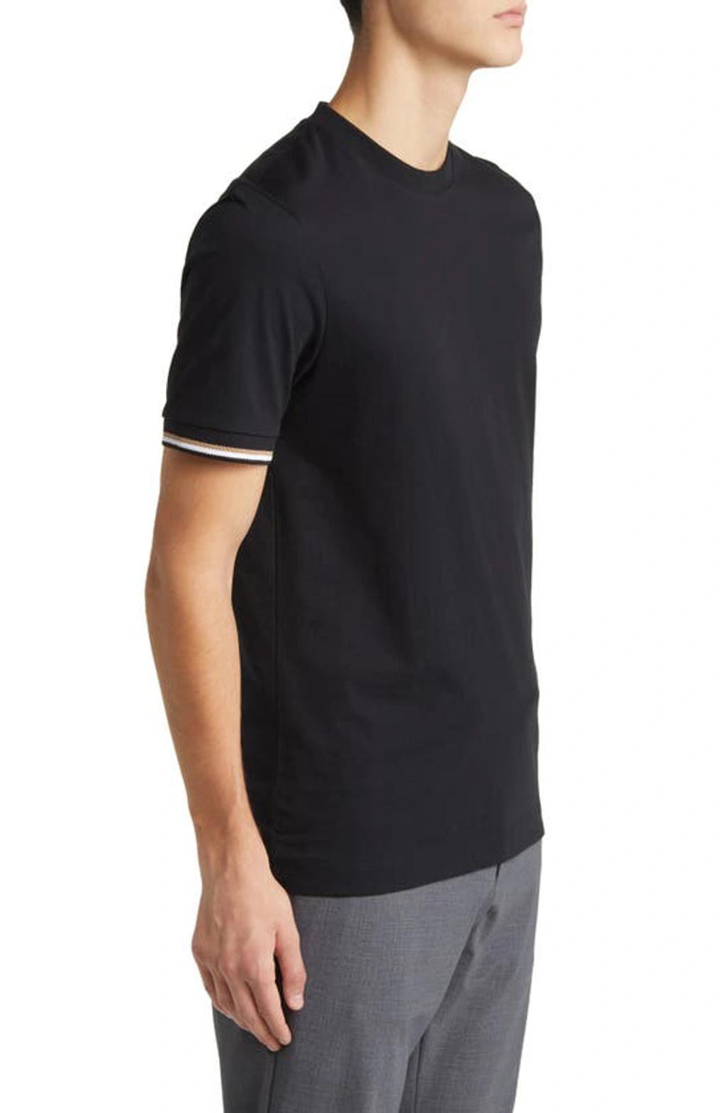 HUGO BOSS Stripe-trim Cotton T-shirt In Schwarz Product Image