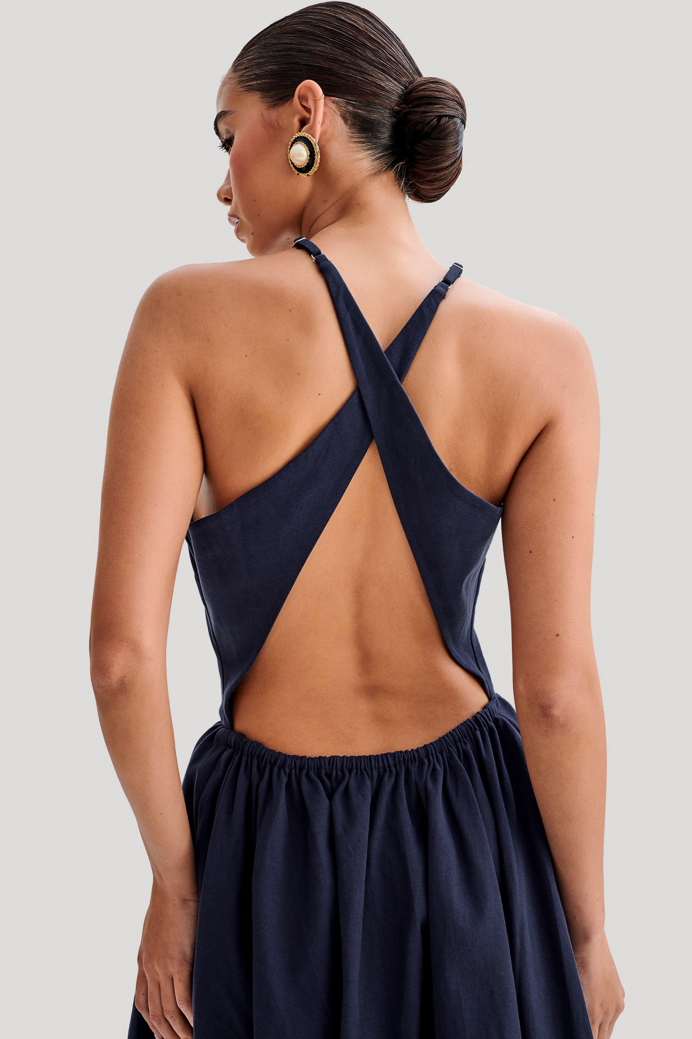 Carolina Cotton Halter Mini Dress - Navy Product Image