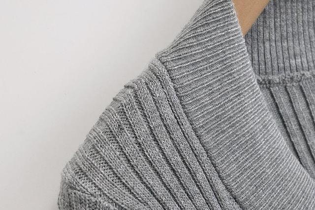 V-Neck Long Sleeve Plain Ribbed Knit Sweater Product Image