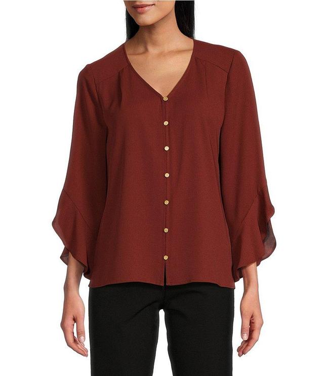 Investments Petite Size Woven Faux Button Front V-Neck 3/4 Flare Ruffle Sleeve Top Product Image