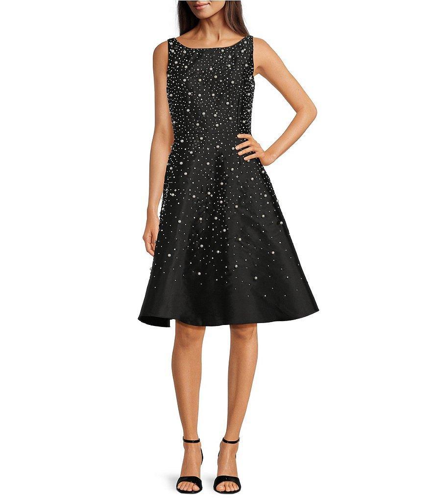 Adrianna Papell Beaded Taffeta Boat Neckline Sleeveless Fit and Flare Dress Product Image