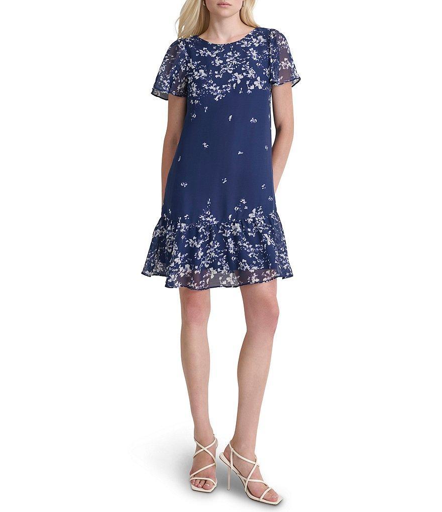 DKNY by Donna Karan Woven Floral Print Crew Neck Short Flutter Sleeve Shift Mini Dress Product Image